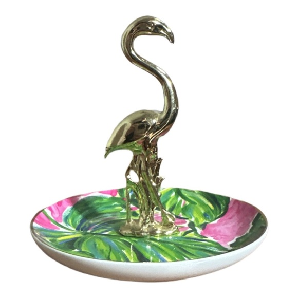 Lilly Pulitzer Painted Palm Ring Holder Flamingo Porcelain Round Dish Trinket - Picture 1 of 5